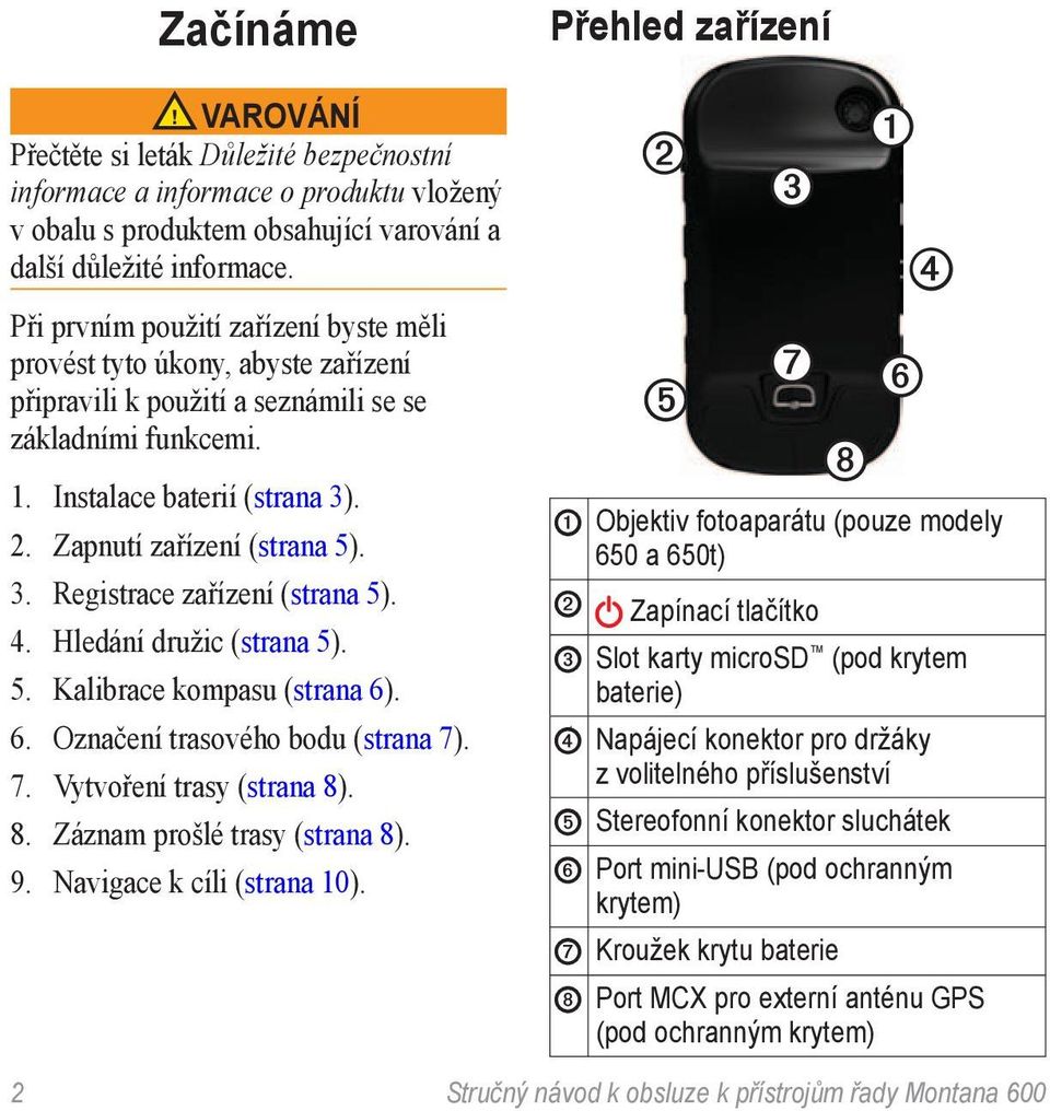 3. Registrace zařízení (strana 5). 4. Hledání družic (strana 5). 5. Kalibrace kompasu (strana 6). 6. Označení trasového bodu (strana 7). 7. Vytvoření trasy (strana 8). 8. Záznam prošlé trasy (strana 8).