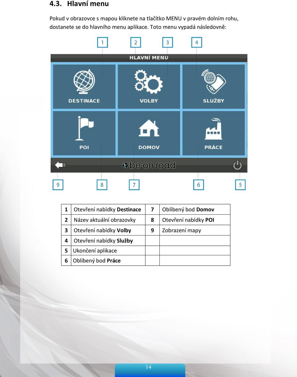 Toto menu vypadá následovně: 1 Otevření nabídky Destinace 7 Oblíbený bod Domov 2 Název