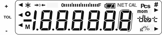 6.2 Provozní režimy 6.2.1 Vážení Zobrazení symbolu: g Obsluha Zapnout váhu tlačítkem. Váha provádí test zobrazovací jednotky. Údaje Jakmile se zobrazí váha "0.000", je vaše váha připravena k vážení.