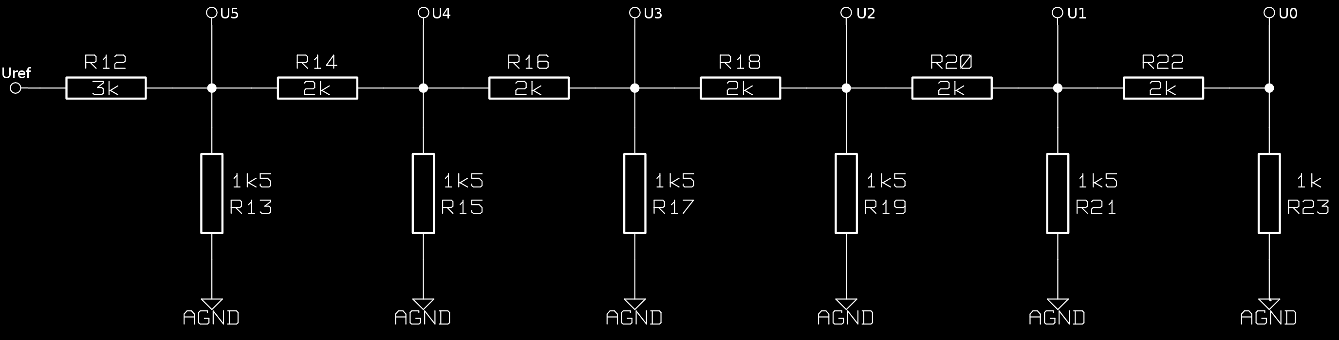 Obr. 3.0: Konkrétní schema řetězu útlumových článků. První článek bude mít přenos A0 = U0 RC 000 = = =, U REF R 2 RC 2000 2 000 4 následující články pak požadovaný přenos A= (3.9).