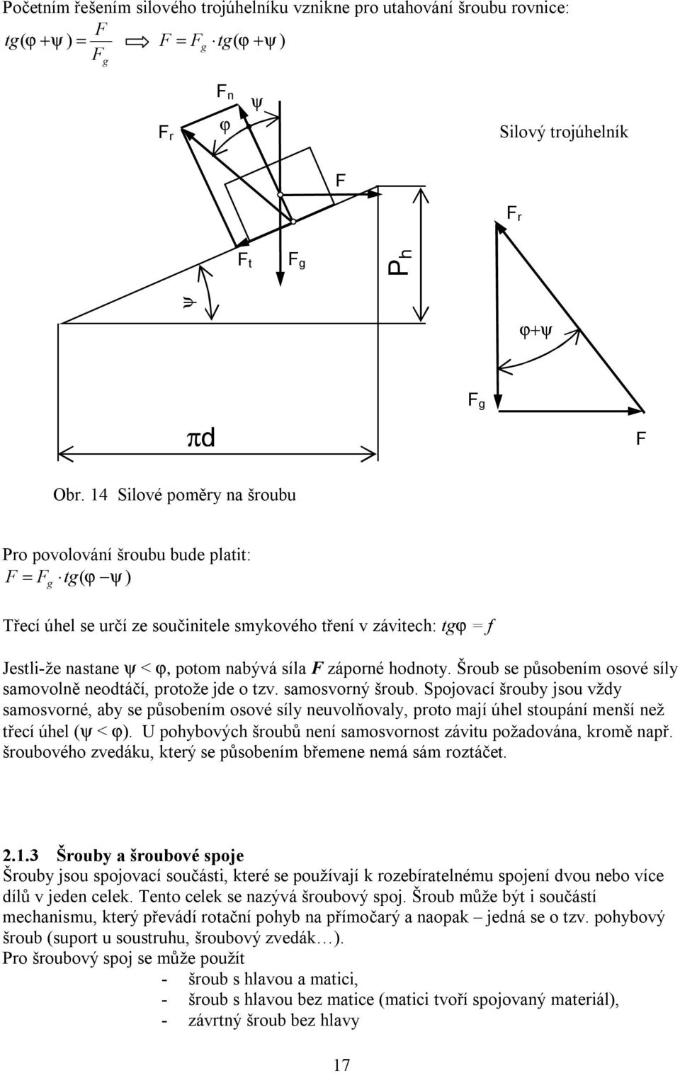 záporné hodnoty. Šroub se působením osové síly samovolně neodtáčí, protože jde o tzv. samosvorný šroub.