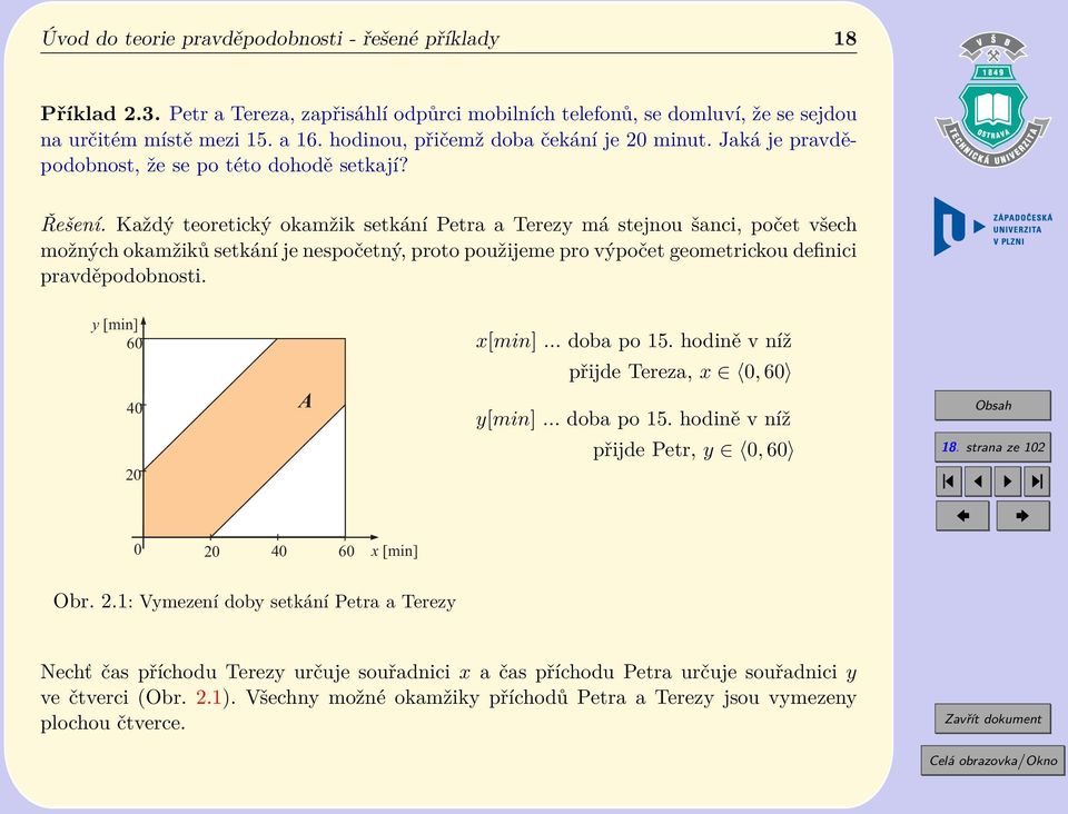 Každý teoretický okamžik setkání Petra a Terezy má stejnou šanci, počet všech možných okamžiků setkání je nespočetný, proto použijeme pro výpočet geometrickou definici pravděpodobnosti.