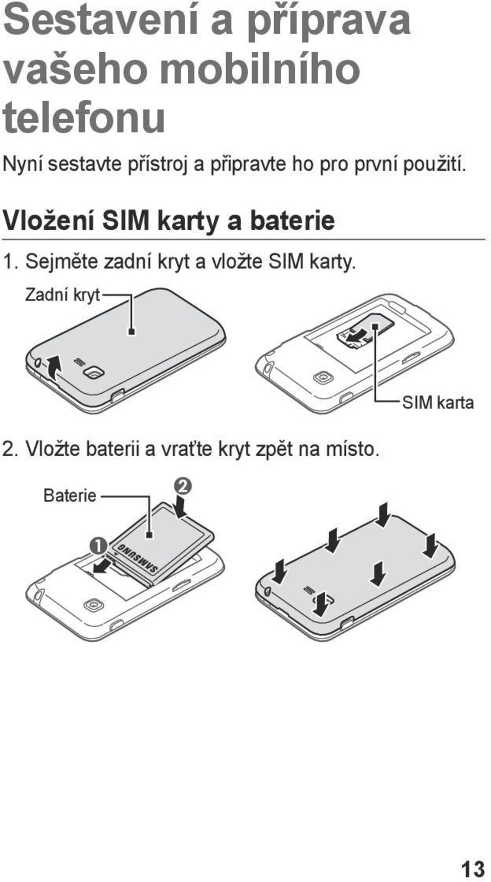 Vložení SIM karty a baterie 1.