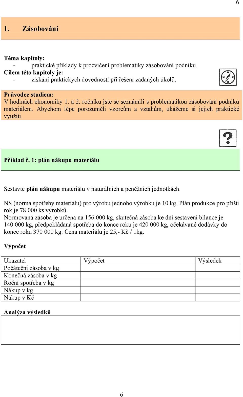 Příklad č. 1: plán nákupu materiálu Sestavte plán nákupu materiálu v naturálních a peněžních jednotkách. NS (norma spotřeby materiálu) pro výrobu jednoho výrobku je 10 kg.