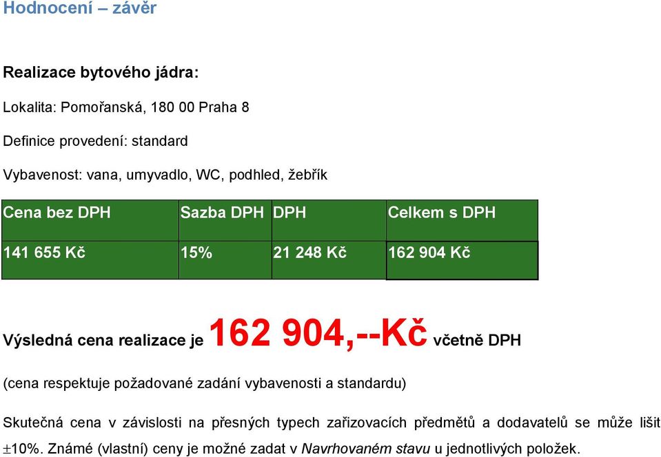 je 162 904,--Kč včetně DPH (cena respektuje požadované zadání vybavenosti a standardu) Skutečná cena v závislosti na přesných