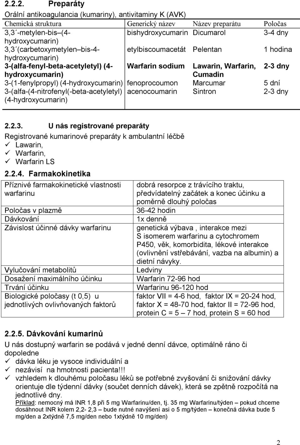 3-(1-fenylpropyl) (4-hydroxycumarin) fenoprocoumon Marcumar 5 dní 3-(alfa-(4-nitrofenyl(-beta-acetyletyl) acenocoumarin Sintron 2-3 dny (4-hydroxycumarin) 2.2.3. U nás registrované preparáty Registrované kumarinové preparáty k ambulantní léčbě Lawarin, Warfarin, Warfarin LS 2.