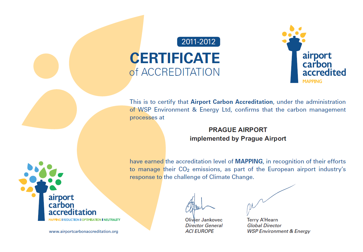 AKREDITAČNÍ CERTIFIKÁT V roce 2010 se Letiště Praha připojilo z vlastního rozhodnutí k iniciativě organizace ACI EUROPE Akreditace letištní uhlíkové stopy Letiště Praha zmapovala svoji