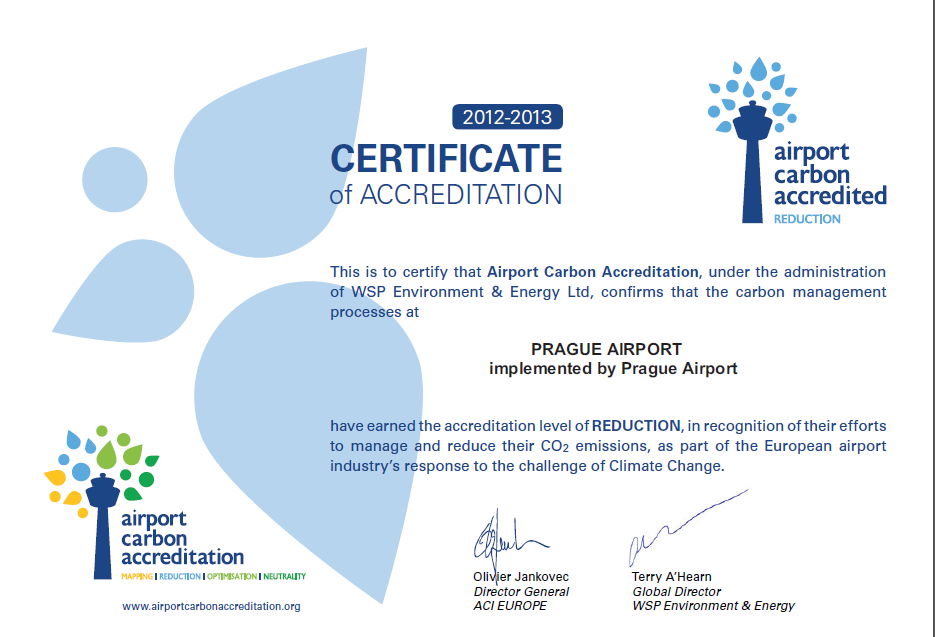 V roce 2011, Letiště Praha identifikovalo projekty s potencionálními úsporami emisí CO 2 V roce 2012 si Letiště Praha stanovilo cíl: snížit emise CO 2 do roku 2017 o 9% (ve srovnání