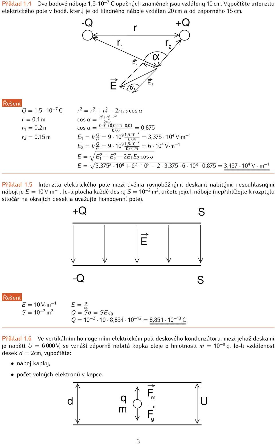 V m 1 E = k Q = 9 10 9 1,5 10 7 r 0,05 = 6 104 V m 1 E = E1 + E E 1E cos α E = 3,375 10 8 + 6 10 8 3,375 6 10 8 0,875 = 3,457 10 4 V m 1 Příklad 1.