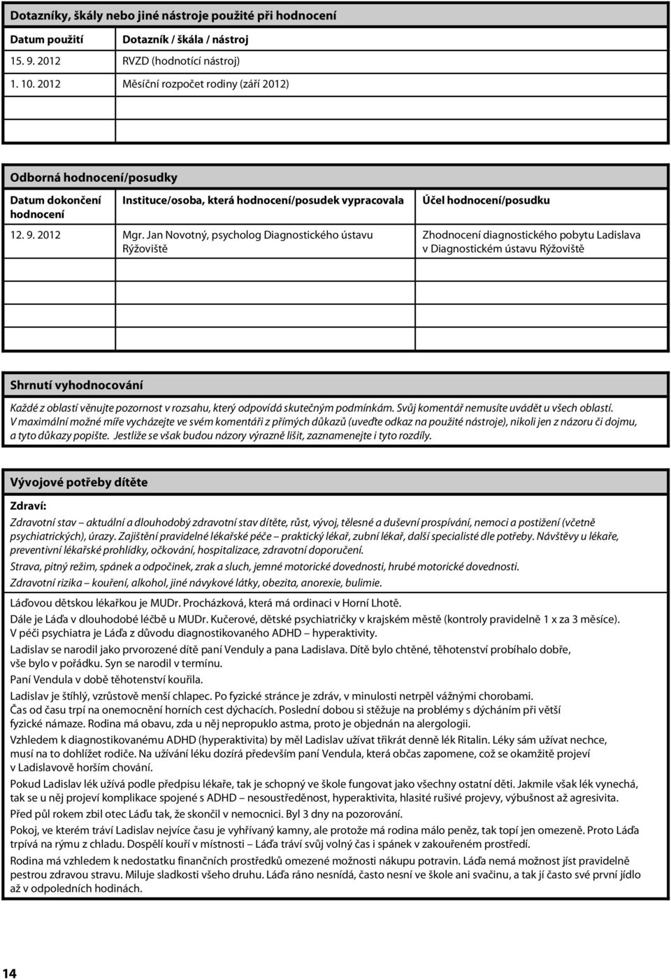Jan Novotný, psycholog Diagnostického ústavu Rýžoviště Účel hodnocení/posudku Zhodnocení diagnostického pobytu Ladislava v Diagnostickém ústavu Rýžoviště Shrnutí vyhodnocování Každé z oblastí věnujte