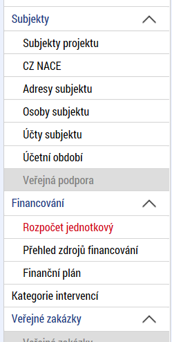 ÚČTY SUBJEKTU, ÚČETNÍ OBDOBÍ, KATEGORIE INTERVENCÍ Záložky Účty subjektu, Účetní období a Kategorie intervencí s v žádosti o