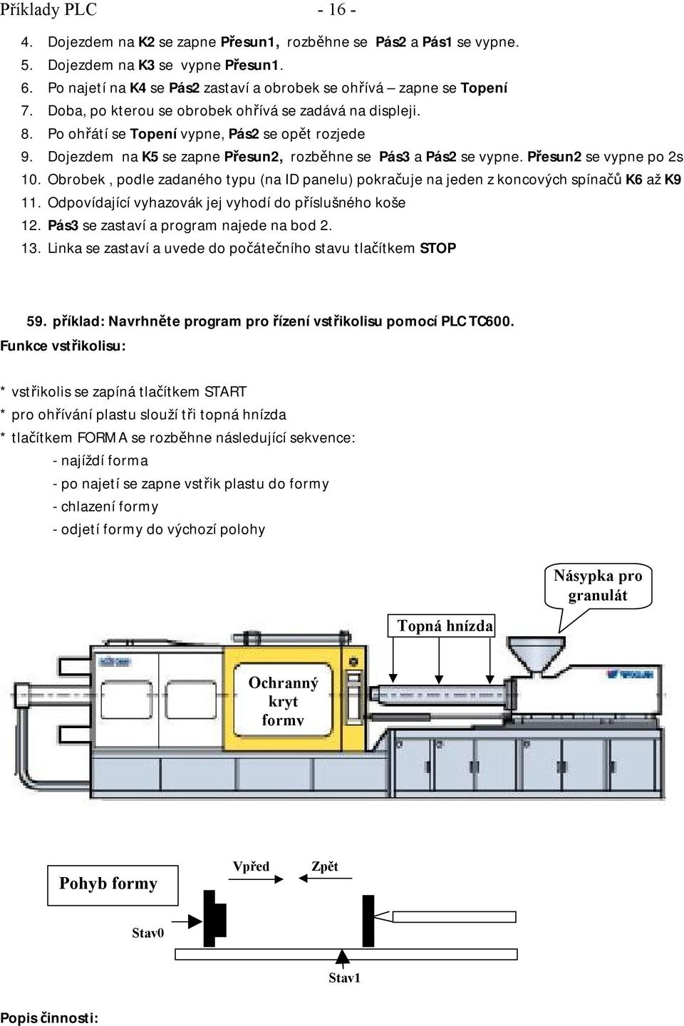 Přesun2 se vypne po 2s 10. Obrobek, podle zadaného typu (na ID panelu) pokračuje na jeden z koncových spínačů K6 až K9 11. Odpovídající vyhazovák jej vyhodí do příslušného koše 12.