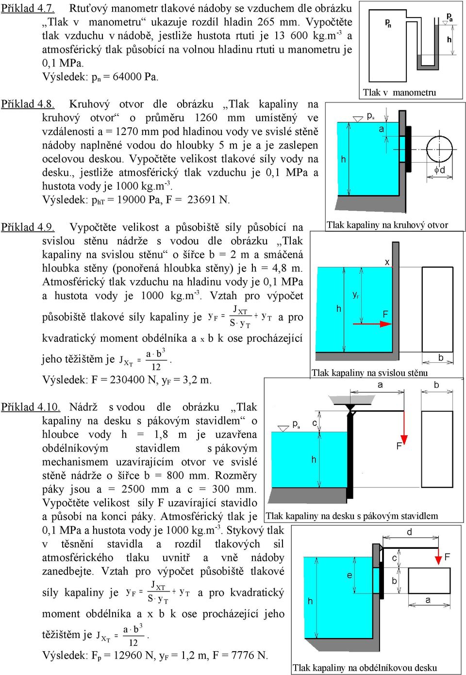 Kruhový otvor dle obrázku Tlak kapaliny na kruhový otvor o průměru 60 mm umístěný ve vzdálenosti a = 70 mm pod hladinou vody ve svislé stěně nádoby naplněné vodou do hloubky 5 m je a je zaslepen