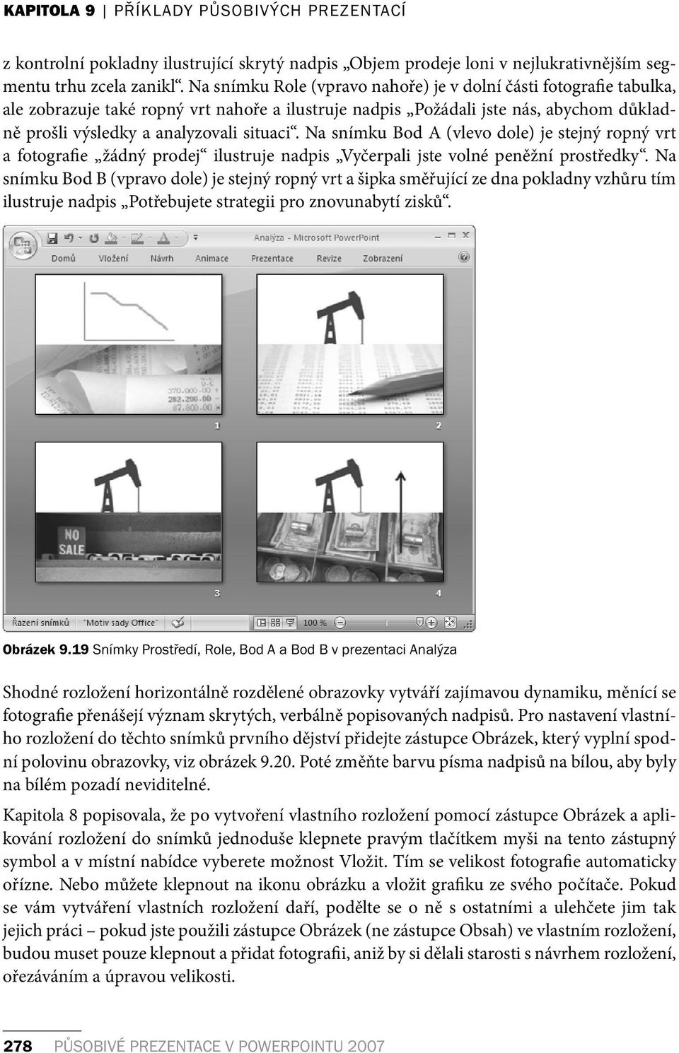 Na snímku Bod A (vlevo dole) je stejný ropný vrt a fotografie žádný prodej ilustruje nadpis Vyčerpali jste volné peněžní prostředky.