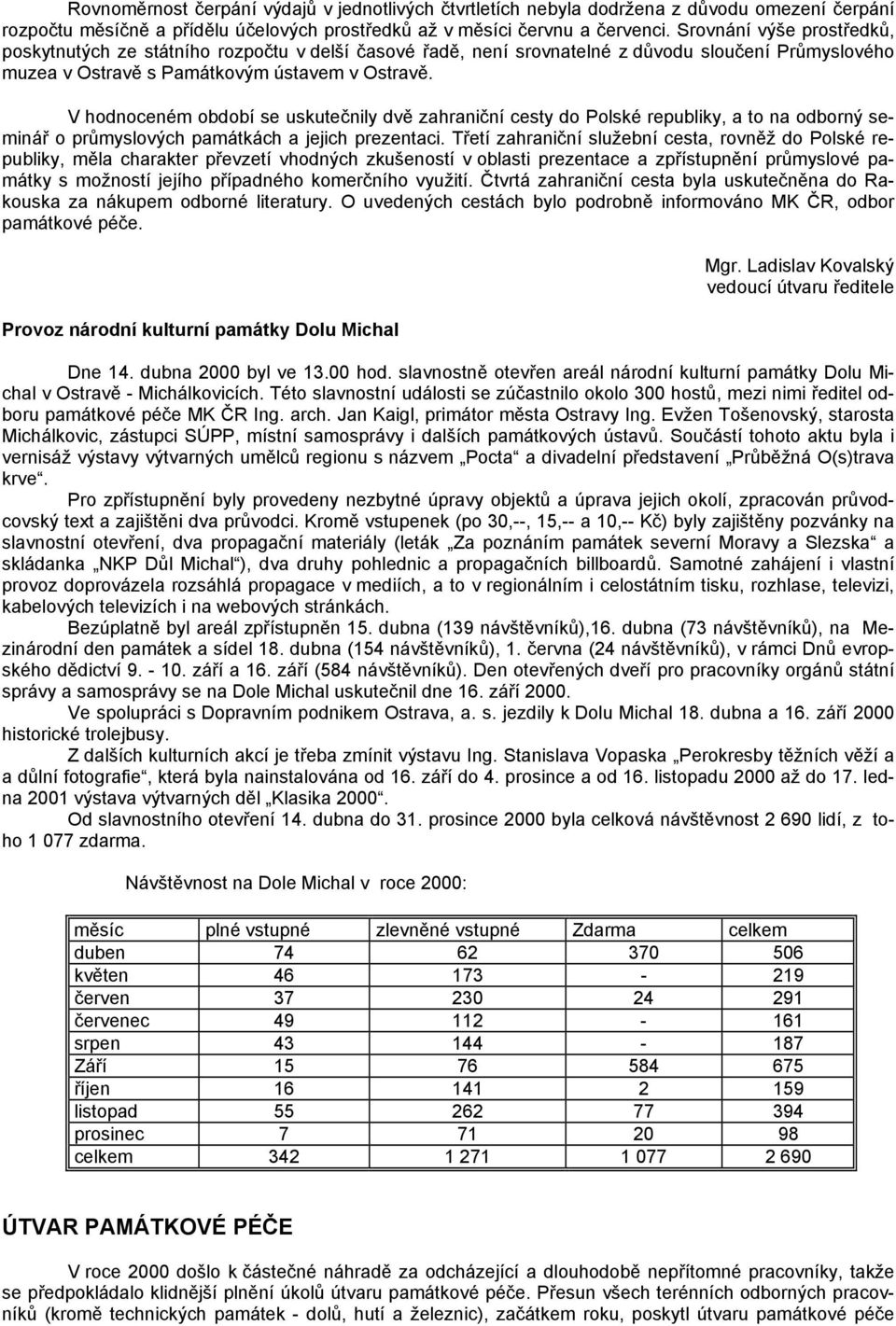 V hodnoceném období se uskutečnily dvě zahraniční cesty do Polské republiky, a to na odborný seminář o průmyslových památkách a jejich prezentaci.