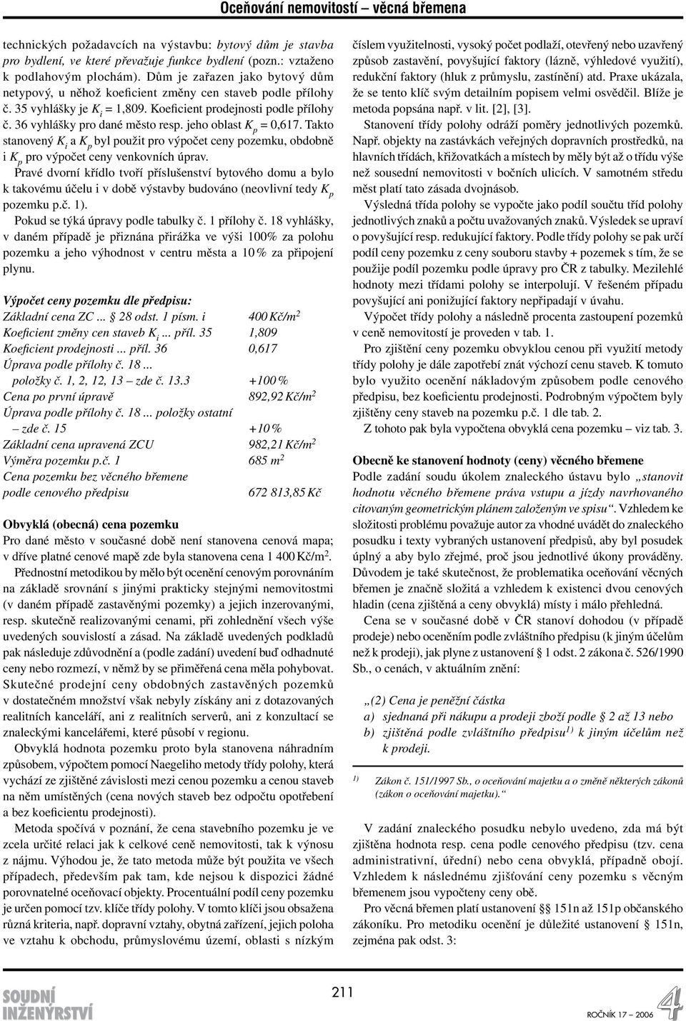 jeho oblast K p = 0,617. Takto stanovený K i a K p byl použit pro výpočet ceny pozemku, obdobně i K p pro výpočet ceny venkovních úprav.