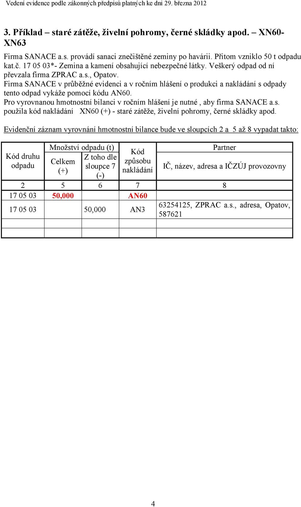 Pro vyrovnanou hmotnostní bilanci v ročním hlášení je nutné, aby firma SANACE a.s. použila kód XN60 - staré zátěže, živelní pohromy, černé skládky apod.