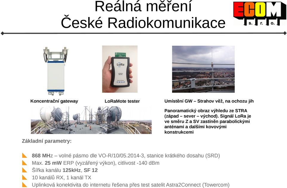 Signál LoRa je ve směru Z a SV zastíněn parabolickými anténami a dalšími kovovými konstrukcemi Základní parametry: 868 MHz volné pásmo