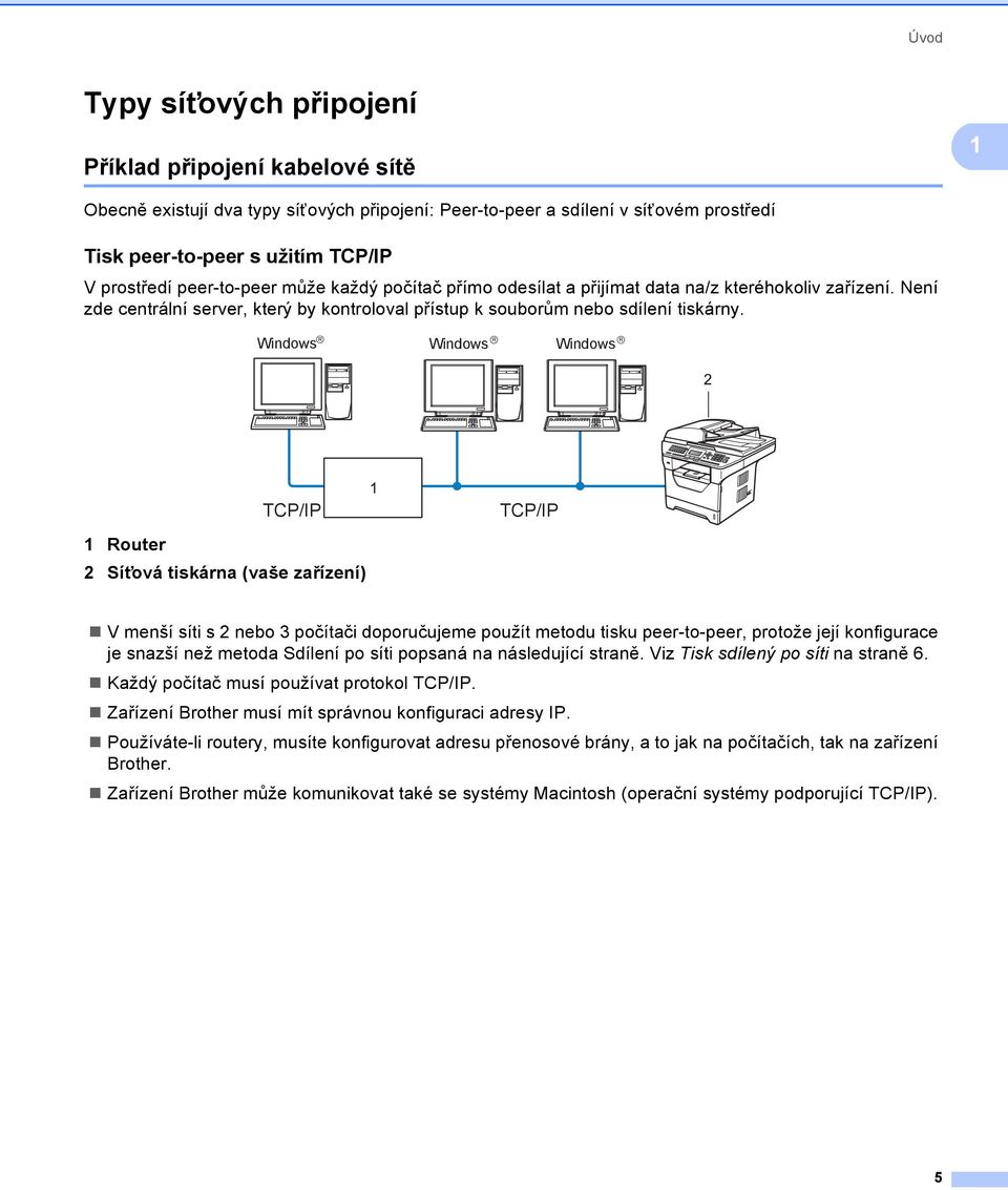 Windows R Windows R Windows R TCP/IP 1 Router 2 Síťová tiskárna (vaše zařízení) TCP/IP V menší síti s 2 nebo 3 počítači doporučujeme použít metodu tisku peer-to-peer, protože její konfigurace je