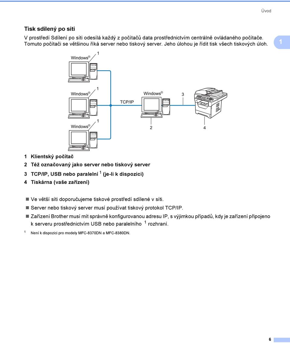 1 1 Klientský počítač 2 Též označovaný jako server nebo tiskový server 3 TCP/IP, USB nebo paralelní 1 (je-li k dispozici) 4 Tiskárna (vaše zařízení) Ve větší síti doporučujeme tiskové