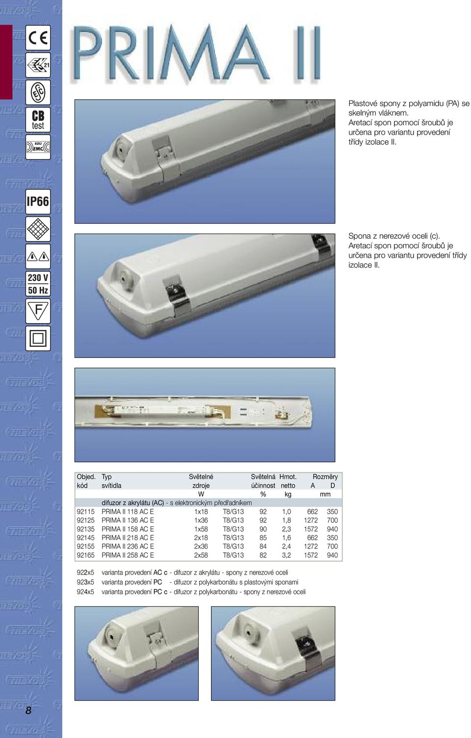 Rozměry kód svítidla zdroje účinnost netto A D W % kg mm difuzor z akrylátu (AC) - s elektronickým předřadníkem 92115 PRIMA II 118 AC E 1x18 T8/G13 92 1,0 662 350 92125 PRIMA II 136 AC E 1x36 T8/G13