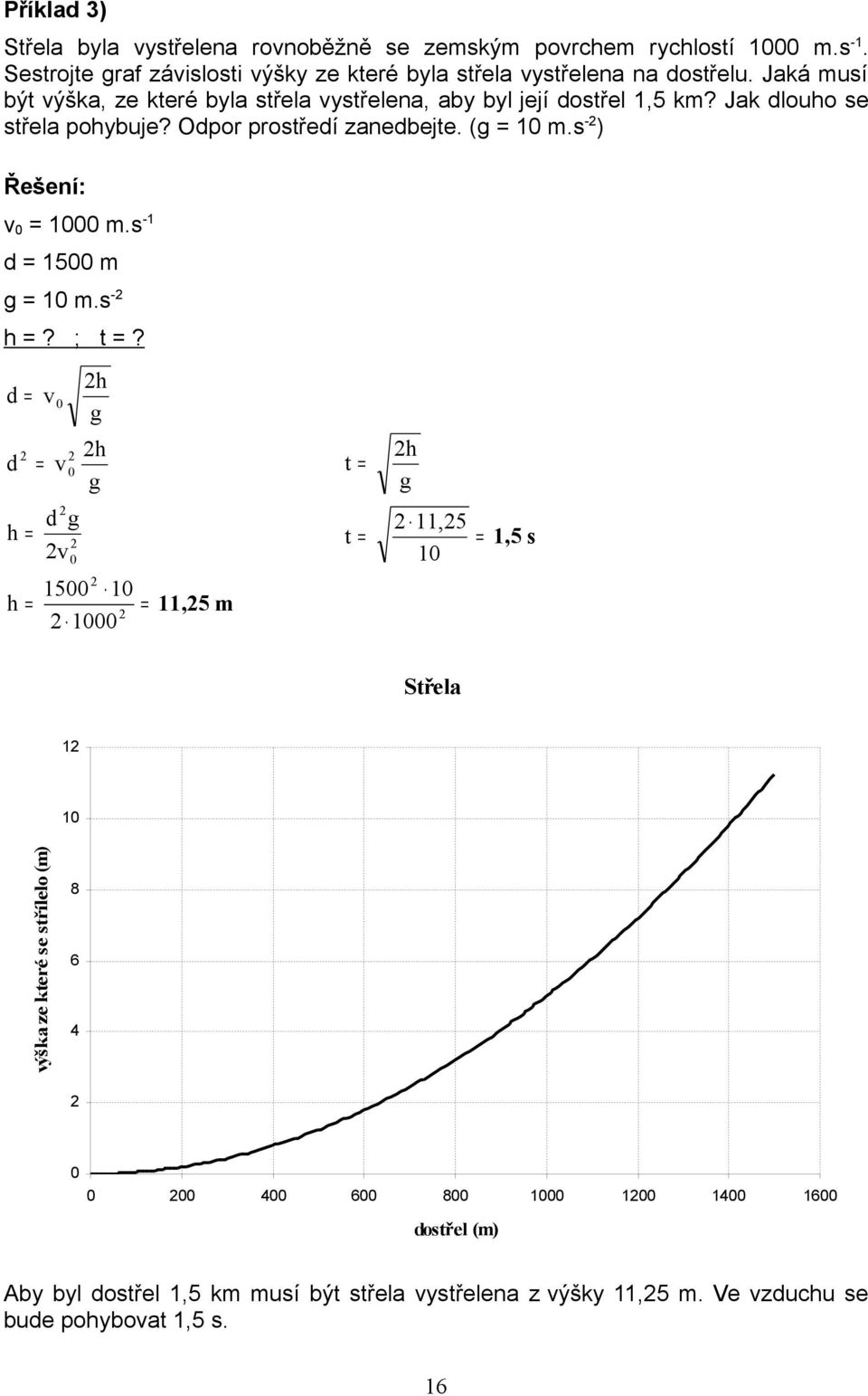 Jaká musí být ýška, ze které byla střela ystřelena, aby byl její dostřel,5 km? Jak dlouho se střela pohybuje?