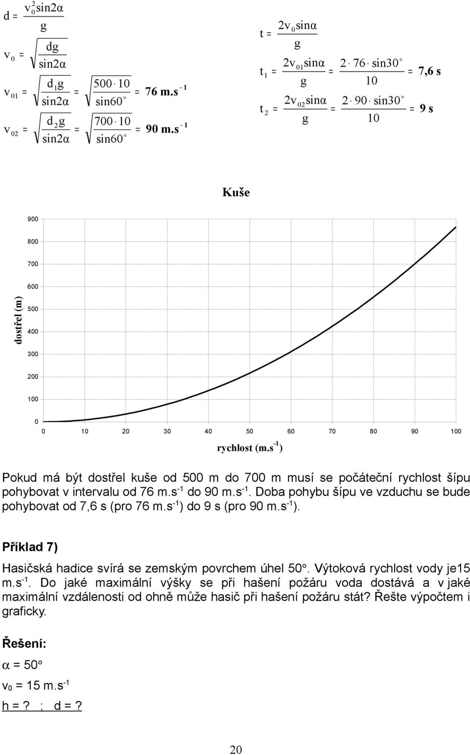 s - ) do 9 s (pro 9 m.s - ). Příklad 7) Hasičská hadice sírá se zemským porchem úhel 5. Výtokoá rychlost ody je5 m.s -. Do jaké maximální ýšky se při hašení požáru oda dostáá a jaké maximální zdálenosti od ohně může hasič při hašení požáru stát?