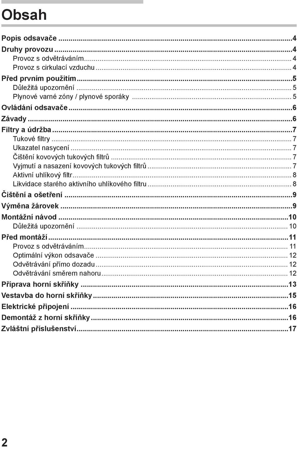 .. 7 Aktivní uhlíkový filtr... 8 Likvidace starého aktivního uhlíkového filtru... 8 Čištění a ošetření...9 Výměna žárovek...9 Montážní návod...10 Důležitá upozornění... 10 Před montáží.