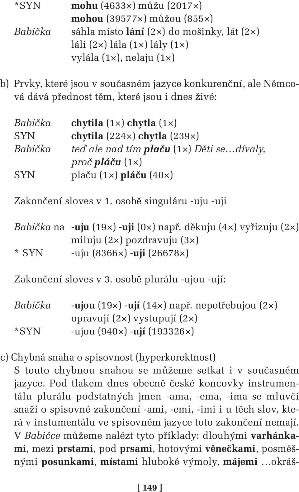 pláču (1 ) SYN plaču (1 ) pláču (40 ) Zakončení sloves v 1. osobě singuláru -uju -uji Babička na -uju (19 ) -uji (0 ) např.