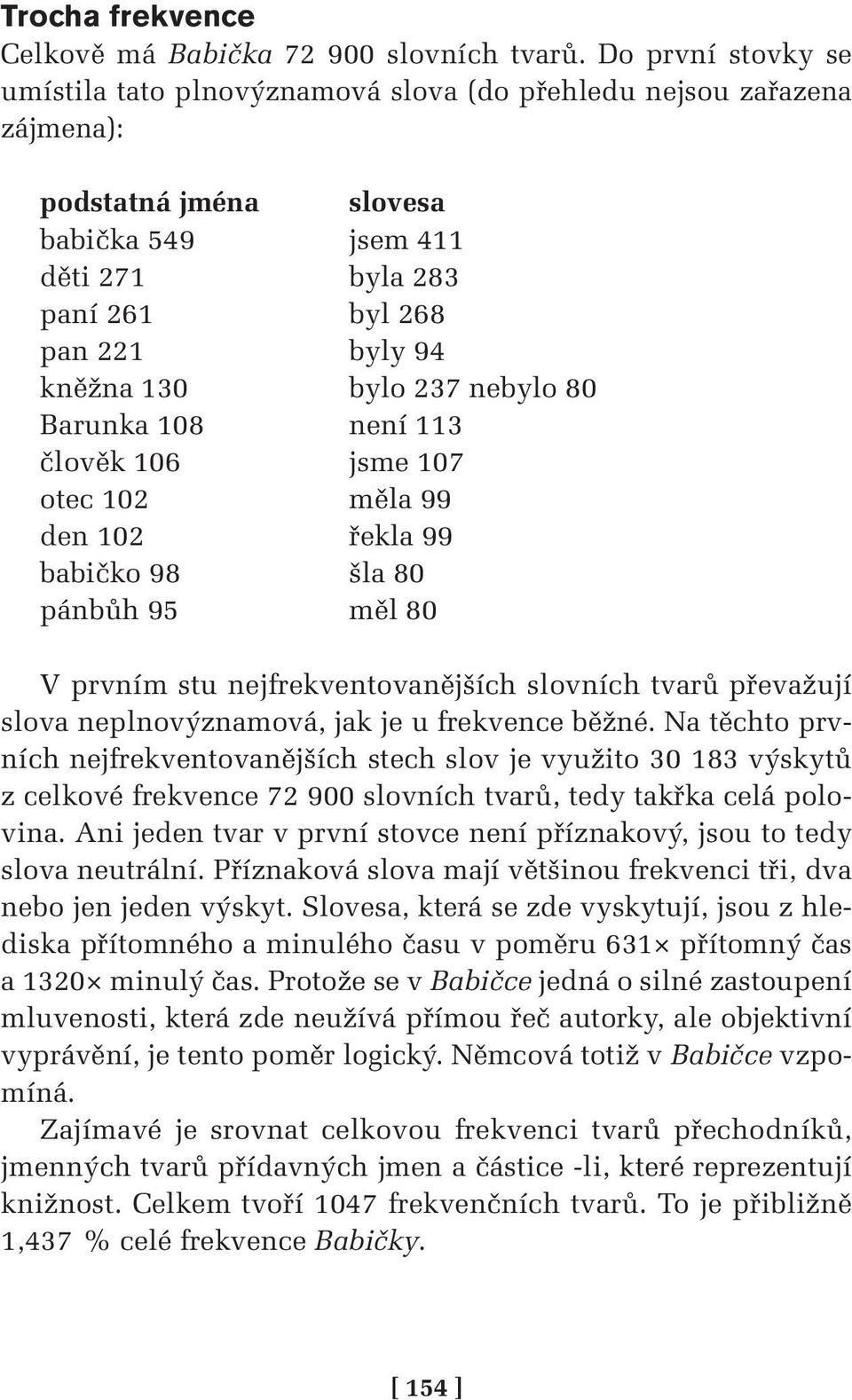 bylo 237 nebylo 80 Barunka 108 není 113 člověk 106 jsme 107 otec 102 měla 99 den 102 řekla 99 babičko 98 šla 80 pánbůh 95 měl 80 V prvním stu nejfrekventovanějších slovních tvarů převažují slova