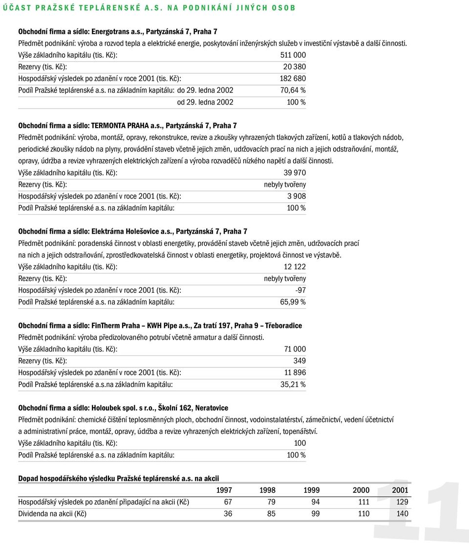 Výše základního kapitálu (tis. Kč): 511 000 Rezervy (tis. Kč): 20 380 Hospodářský výsledek po zdanění v roce 2001 (tis. Kč): 182 680 Podíl Pražské teplárenské a.s. na základním kapitálu: do 29.