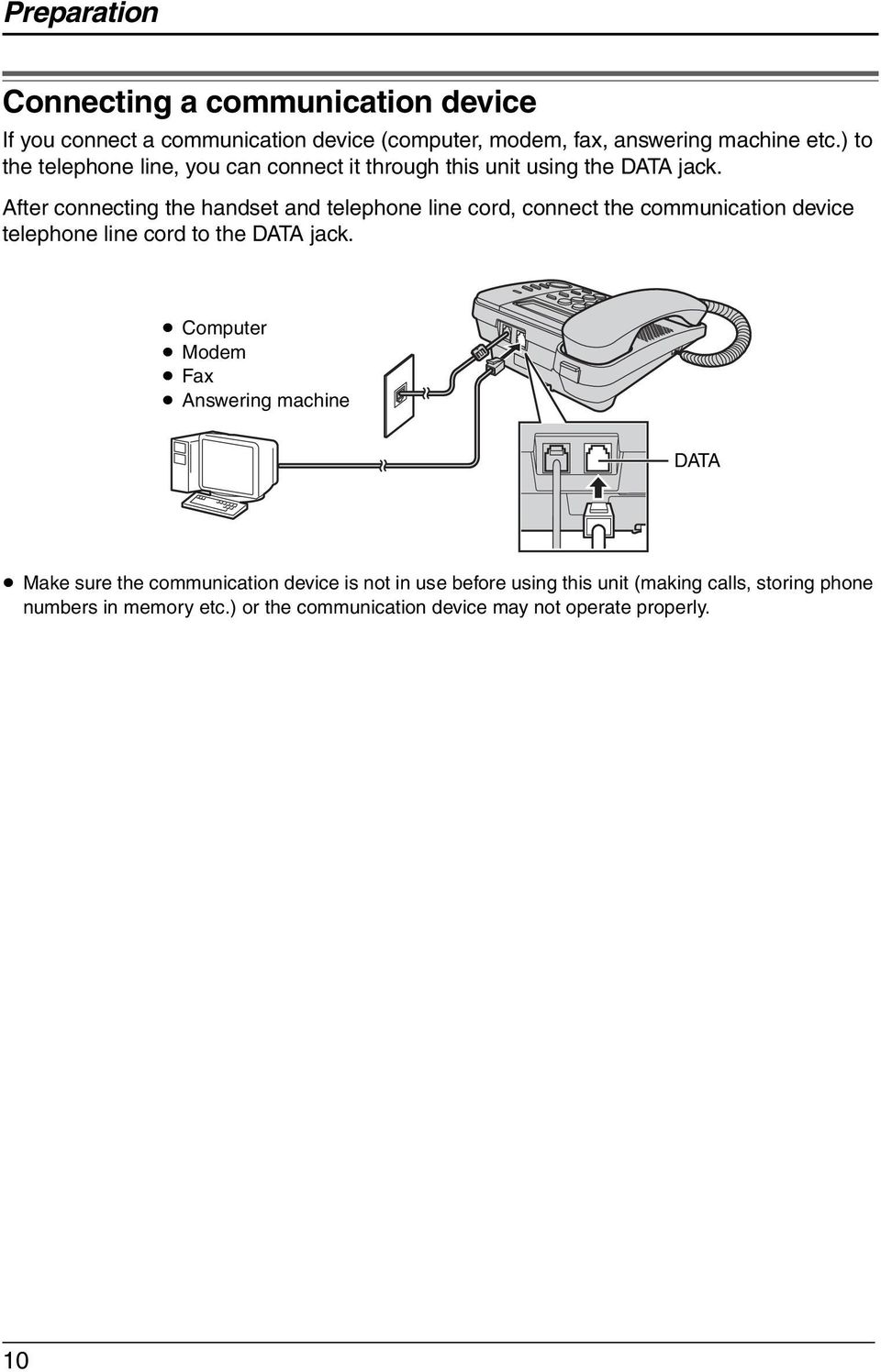 After connecting the handset and telephone line cord, connect the communication device telephone line cord to the DATA jack.