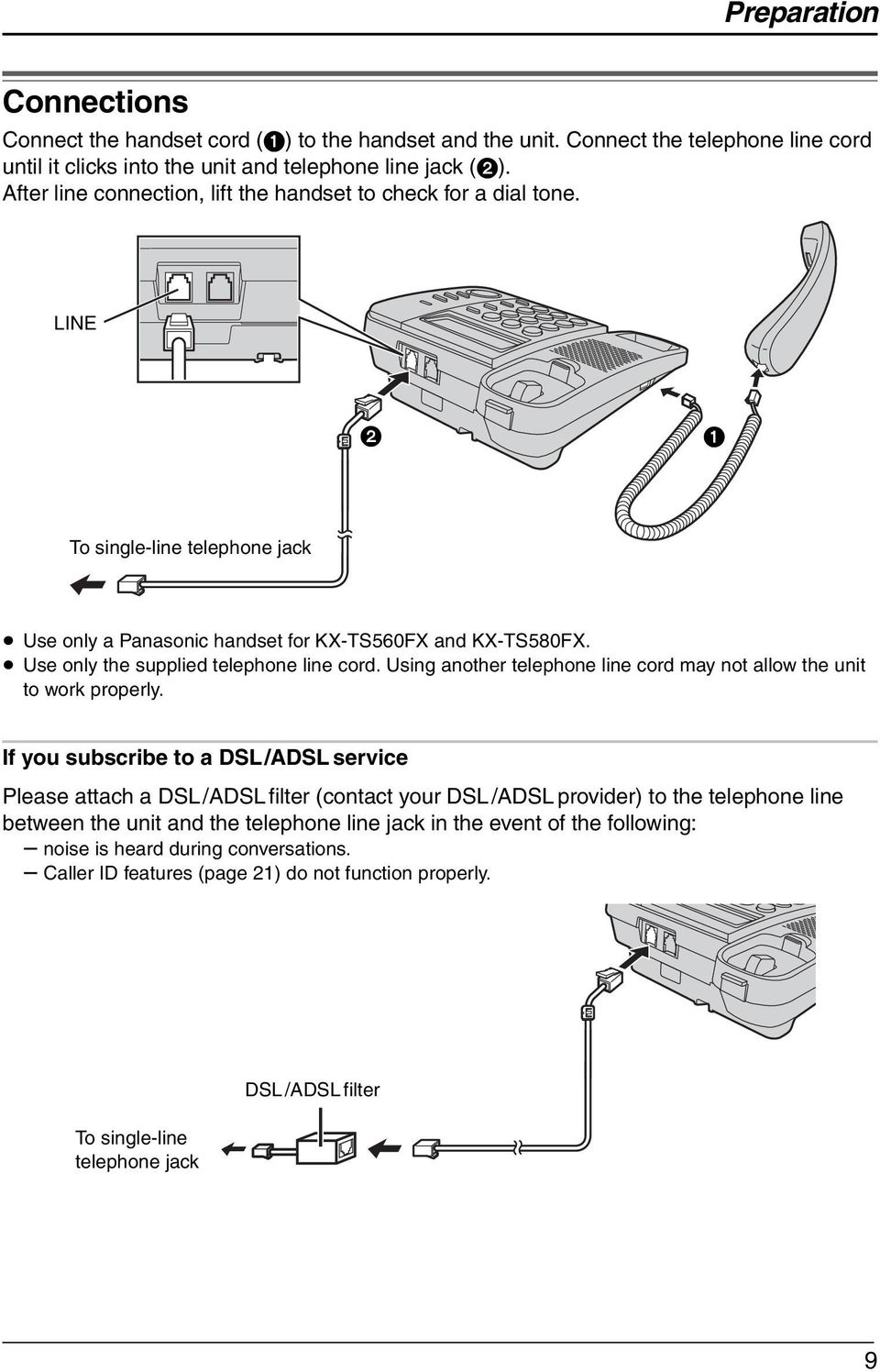 Use only the supplied telephone line cord. Using another telephone line cord may not allow the unit to work properly.