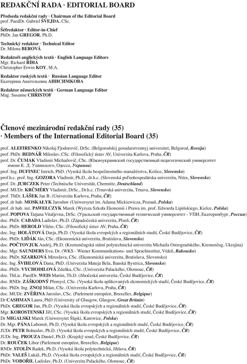 Christopher Erwin KOY, M.A. Redaktor ruských textů Russian Language Editor Екатерина Анатольевна АНИСИМКОВА Redaktor německých textů German Language Editor Mag.