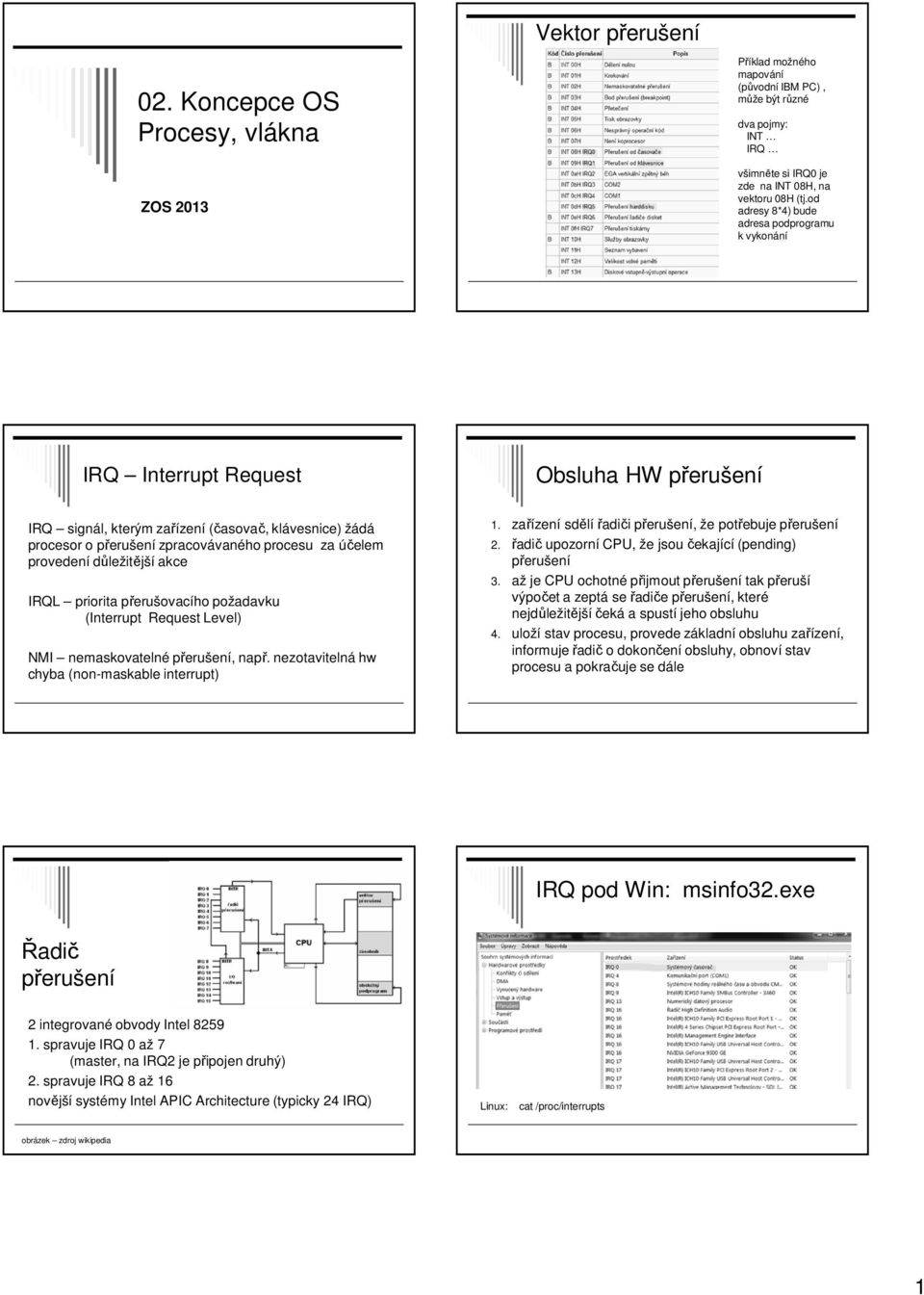 účelem provedení důležitější akce IRQL priorita přerušovacího požadavku (Interrupt Request Level) NMI nemaskovatelné přerušení, např. nezotavitelná hw chyba (non-maskable interrupt) 1.