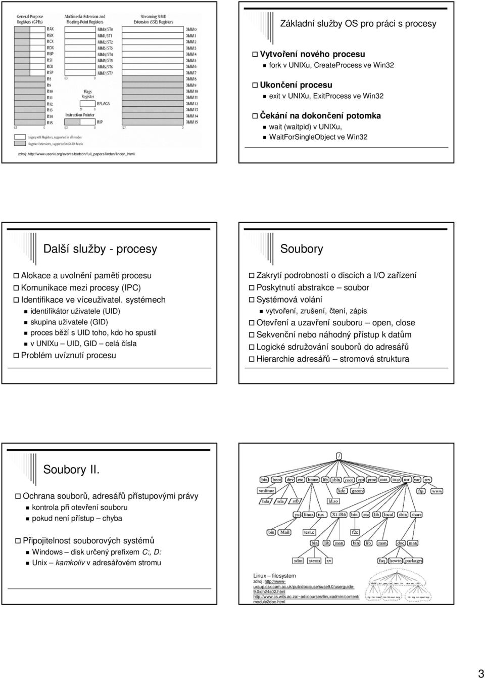 org/events/bsdcon/full_papers/linden/linden_html/ Další služby - procesy Soubory Alokace a uvolnění paměti procesu Komunikace mezi procesy (IPC) Identifikace ve víceuživatel.