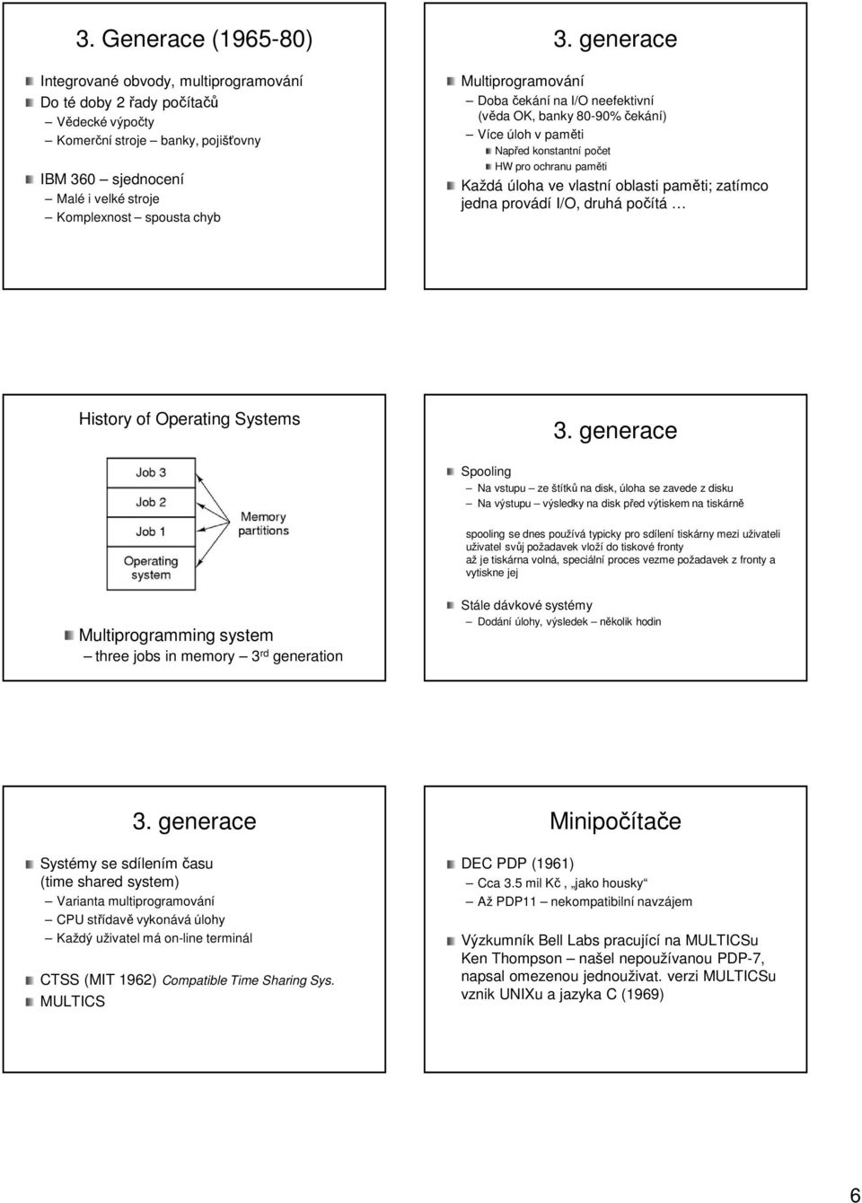 generace Multiprogramování Doba čekání na I/O neefektivní (věda OK, banky 80-90%čekání) Více úloh v paměti Napřed konstantní počet HW pro ochranu paměti Každá úloha ve vlastní oblasti paměti; zatímco