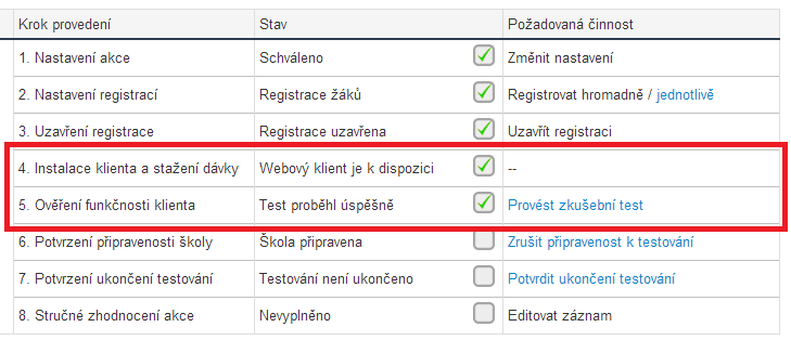 Ověření funkčnosti klienta indikuje přijetí výsledku poinstalačního testu z dávky testů z vaší školy vybrané testovací akce.