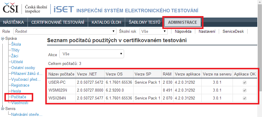 2.3 Sekce Počítače Sekce Počítače Do sekce Počítače vaší školy se dostanete z menu Administrace > Počítače.