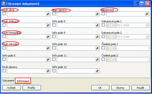 Po spuštění se otevře okno s výběrem vyhledávaných údajů. Filtr se sestává ze dvou částí: Jednotlivé obrazovky filtru jsou indikovány záložkami Dokument a Informace.