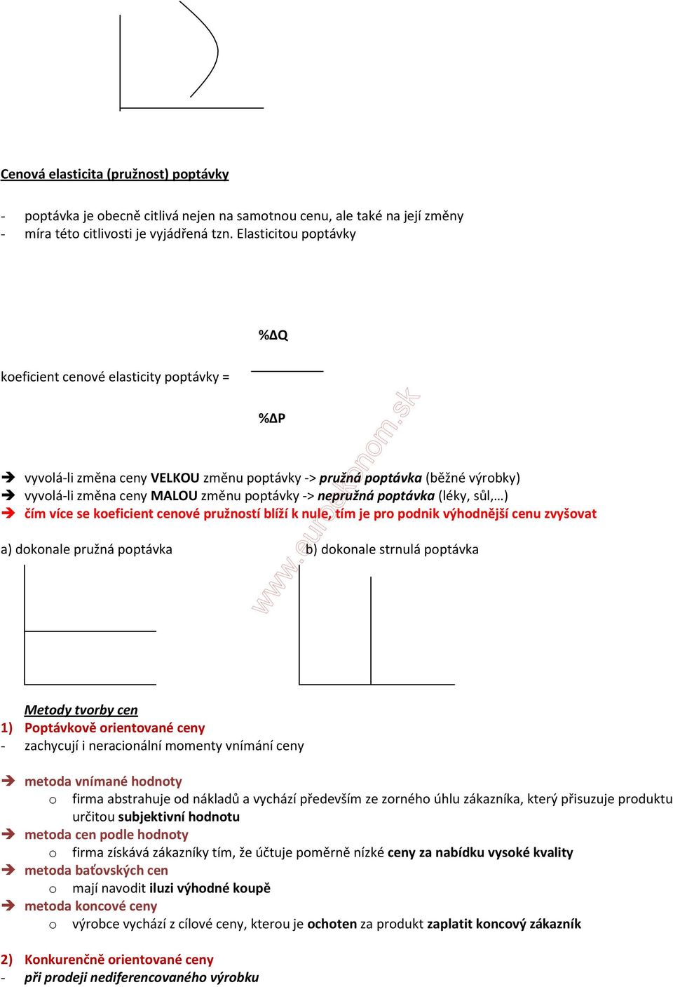 nepružná poptávka (léky, sůl, ) čím více se koeficient cenové pružností blíží k nule, tím je pro podnik výhodnější cenu zvyšovat a) dokonale pružná poptávka b) dokonale strnulá poptávka Metody tvorby