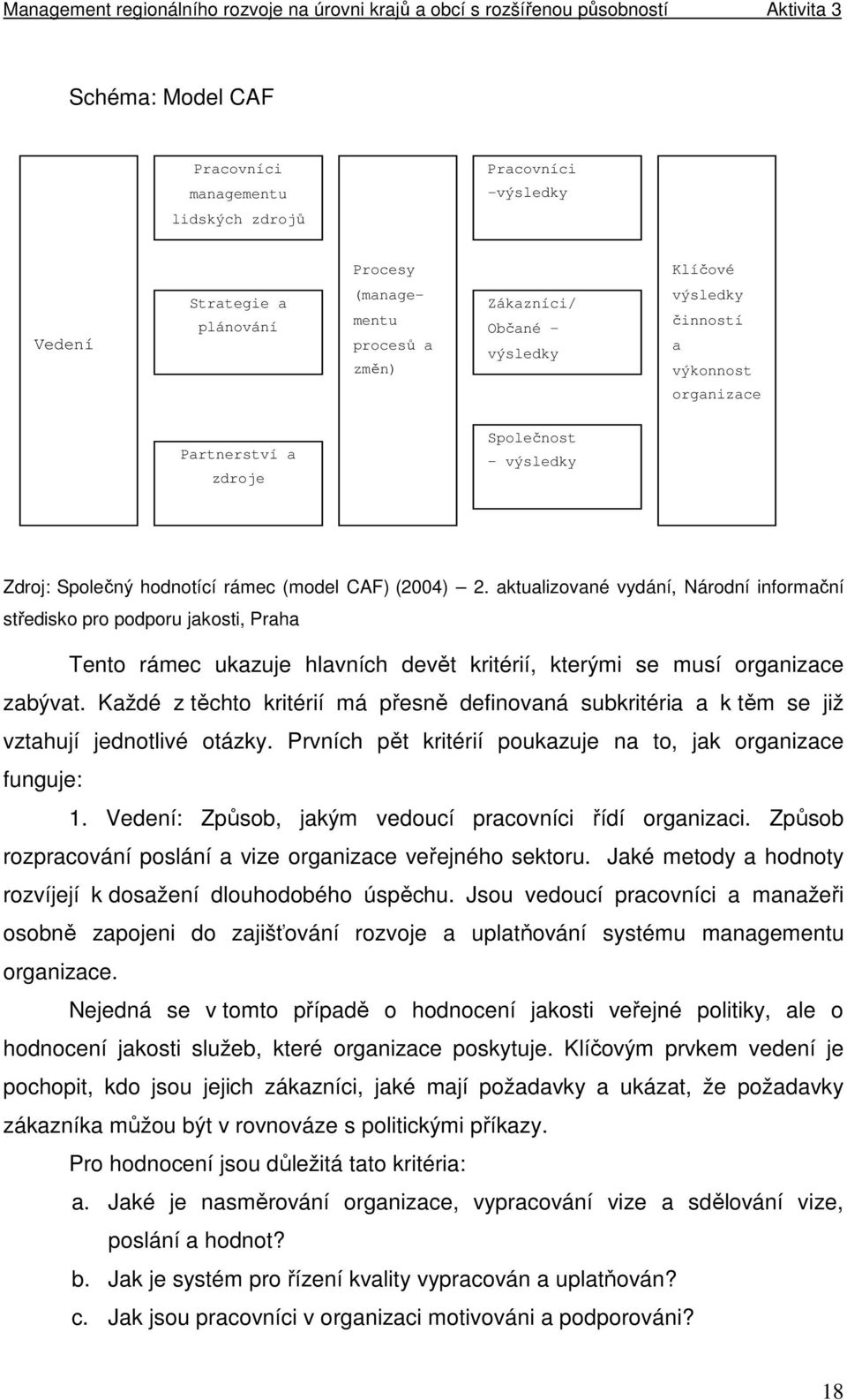 aktualizované vydání, Národní informační středisko pro podporu jakosti, Praha Tento rámec ukazuje hlavních devět kritérií, kterými se musí organizace zabývat.