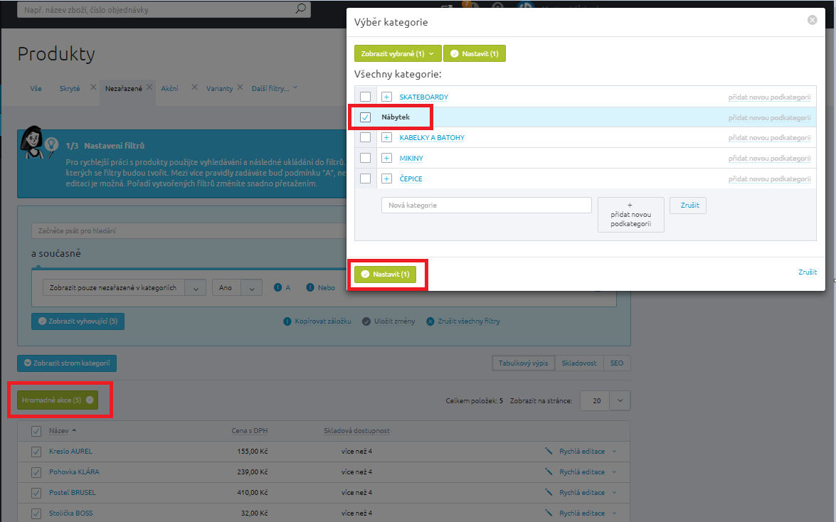Produkty je nutno dále v administraci editovat a doplnit o další povinné údaje, aby bylo možno je na e-shopu nabízet. Můžete využít hromadných akcí (např.