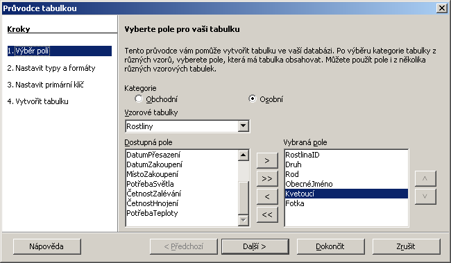 Vytvořte databázi ROSTLINY. Pomocí průvodce vyberte v kategorii Osobní vzorovou tabulku rostliny.