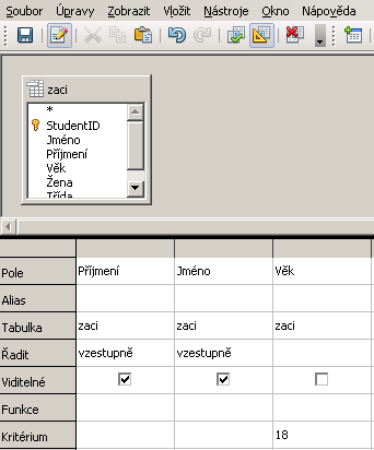 Vyberte pole Příjmení, Jméno a Věk. Pole Věk nastavte tak, aby nebylo vidět. Zároveň nastavte kriterium plnoletosti (18).