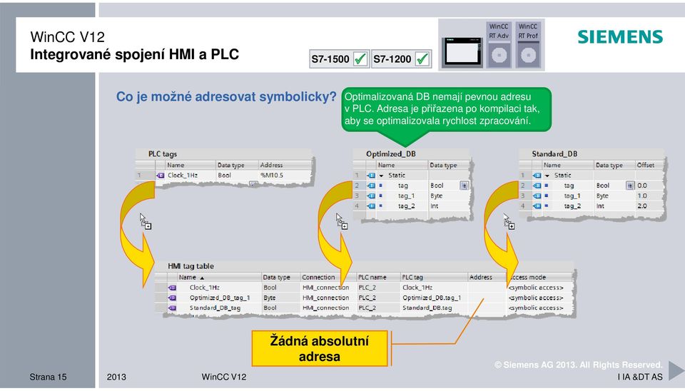 Optimalizovaná DB nemají pevnou adresu v PLC.