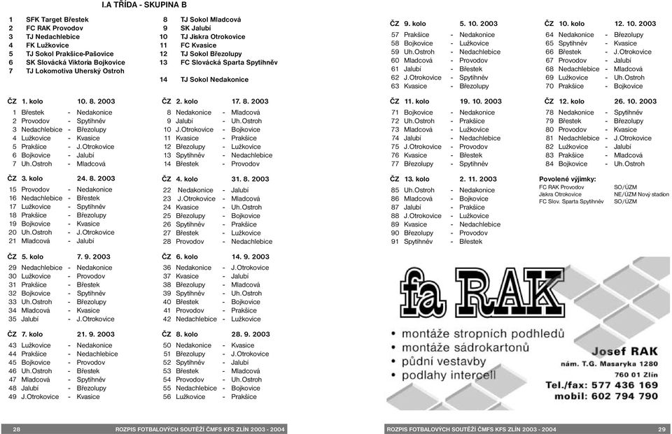 Ostroh - Nedachlebice 60 Mladcová - Provodov 61 Jalubí - Břestek 62 J.Otrokovice - Spytihněv 63 Kvasice - Březolupy ČZ 10. kolo 12. 10. 2003 64 Nedakonice - Březolupy 65 Spytihněv - Kvasice 66 Břestek - J.