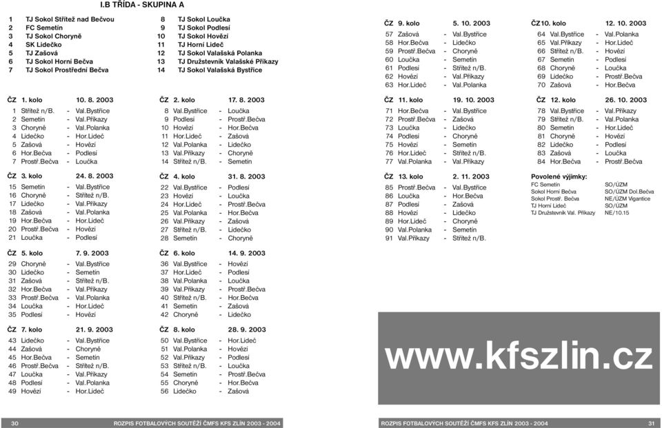 Bečva - Lidečko 59Prostř.Bečva - Choryně 60 Loučka - Semetín 61 Podlesí - Střítež n/b. 62 Hovězí - Val.Příkazy 63 Hor.Lideč - Val.Polanka ČZ10. kolo 12. 10. 2003 64 Val.Bystřice - Val.Polanka 65 Val.