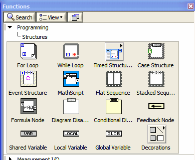 LabVIEW funkce a VI (1) Structures základní prvky pro řízení