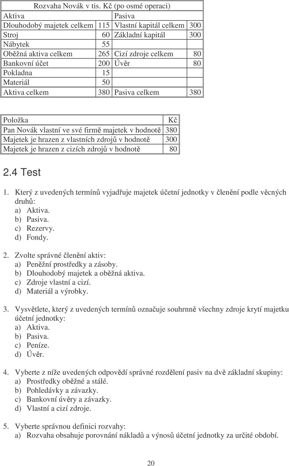 Pokladna 15 Materiál 50 celkem 380 Pasiva celkem 380 Položka Kč Pan Novák vlastní ve své firmě majetek v hodnotě 380 Majetek je hrazen z vlastních zdrojů v hodnotě 300 Majetek je hrazen z cizích